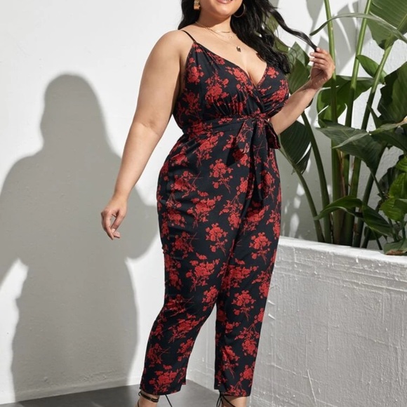 Plus Floral Print Surplice Belted Cami Jumpsuit - Picture 3 of 4